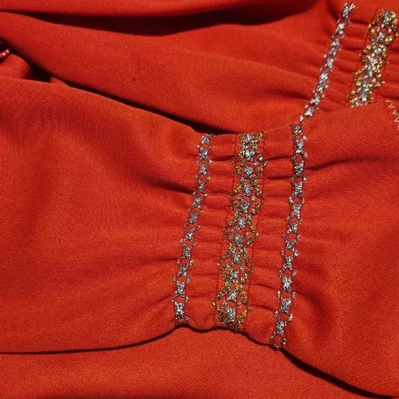Vintage 60s bright red, gold, and silver babydoll long bell-sleeved maxi dress - Picture 14 of 15